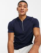 Asos Design T-shirt With Grandad Zip Neck And Raglan In Navy
