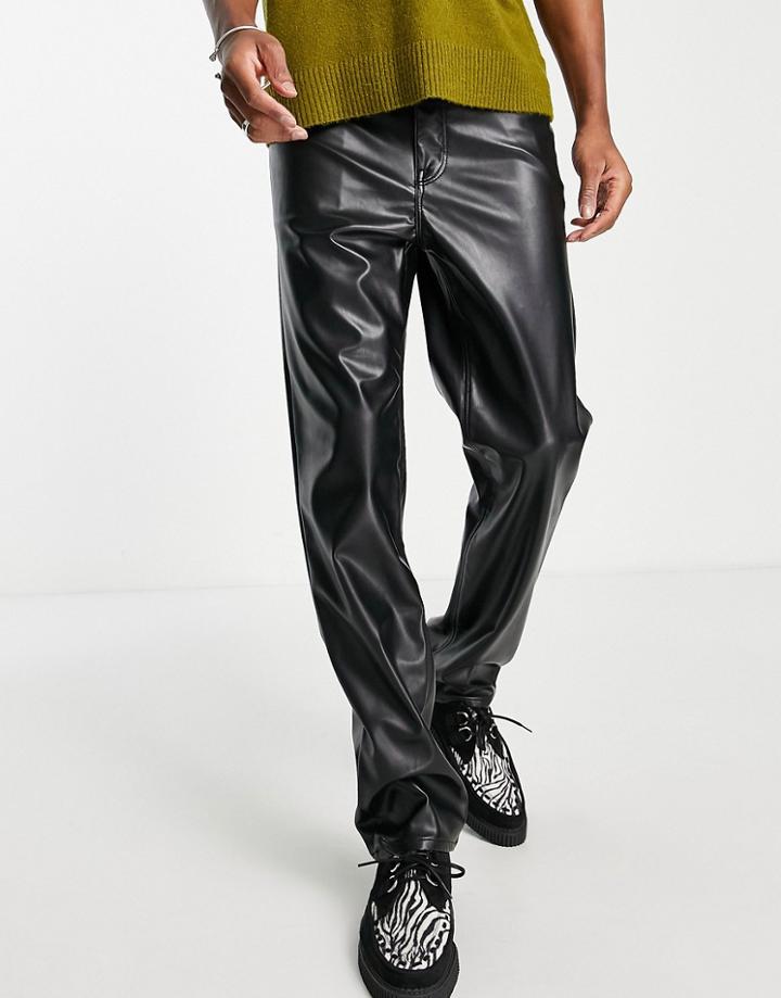 Asos Design Dad Fit Jeans In Black Leather Look