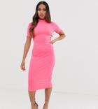 Asos Design Petite Neon Midi Rib Bodycon Dress With Open Back-pink