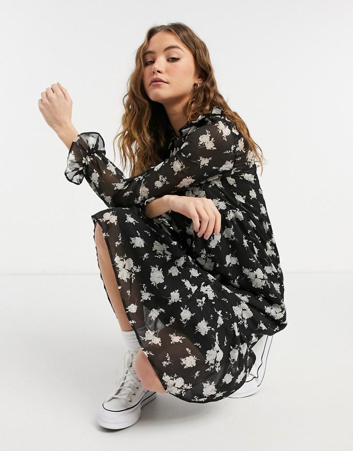 New Look Lace Detail Chiffon Midi Dress In Black Pattern