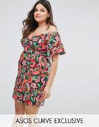 Asos Curve Ruffle Sleeve Bardot Pencil Dress In Bright Floral Print - Multi