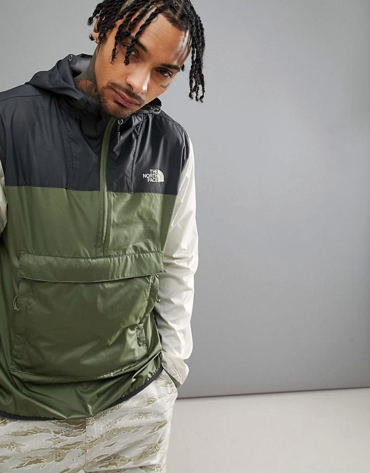 The North Face Fanorak Overhead Jacket Hooded Packable Tricolour In Green/black/stone - Green