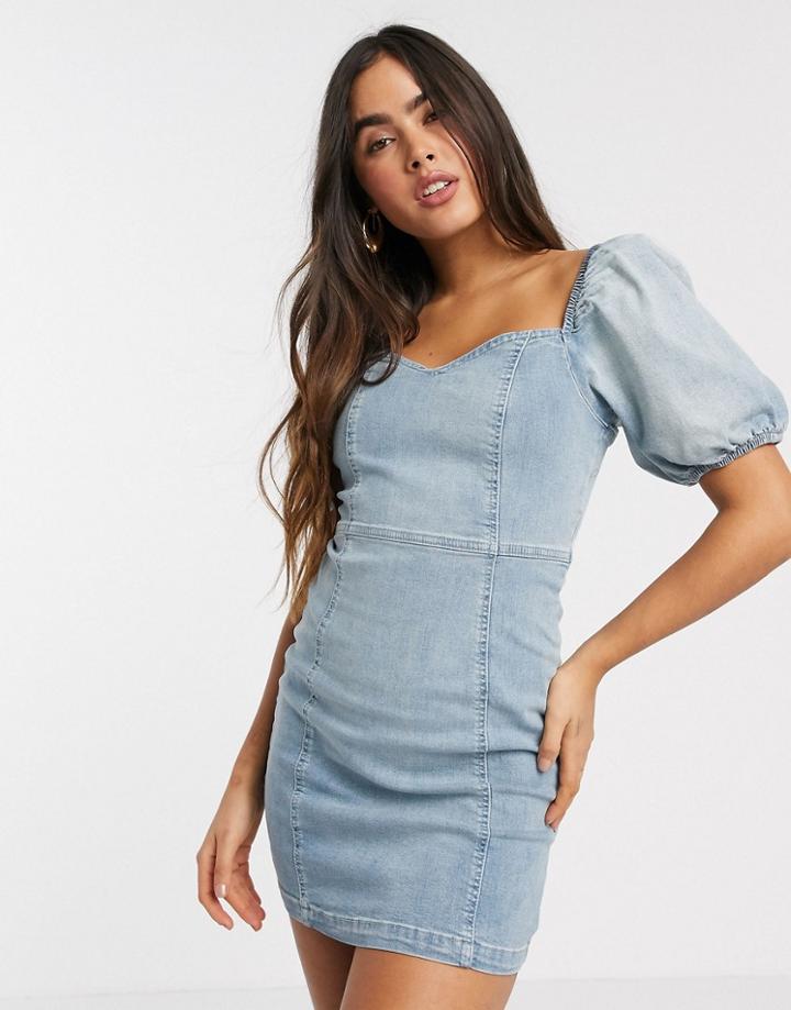 River Island Puff Sleeve Denim Mini Dress In Blue-blues