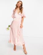 Ax Paris Bridesmaid Satin Ruffle Wrap Maxi Dress In Pink