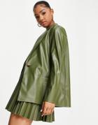 Asos Design Jersey Leather Look Dad Suit Blazer In Olive-green
