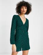 Asos Design Button Through Mini Dress With 70s Sleeve In Green Animal Print-multi
