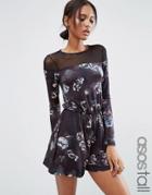 Asos Tall Winter Floral Print Romper With Mesh Detail - Multi