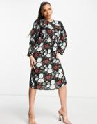 Na-kd Smock Waist Printed Midi Dress In Black Floral-red