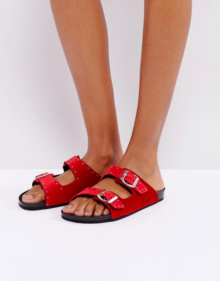 Sixtyseven Western Buckle Velvet Flat Sandal - Red