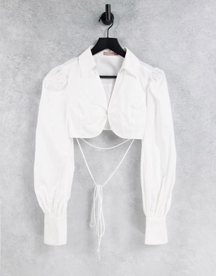 Skylar Rose Ultra Cropped Shirt With Puff Sleeves And Wrap Waist-white