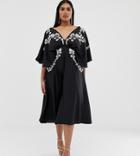 Asos Design Curve Exclusive Kimono Sleeve Midi Dress With Mono Embroidery-black