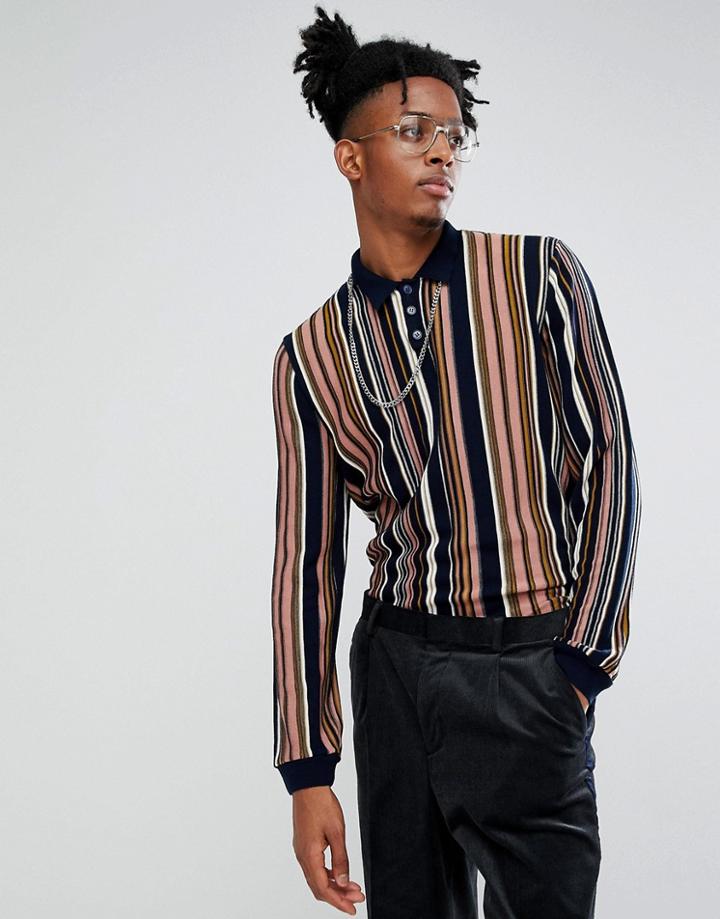 Asos Vertical Stripe Polo In Navy - Navy