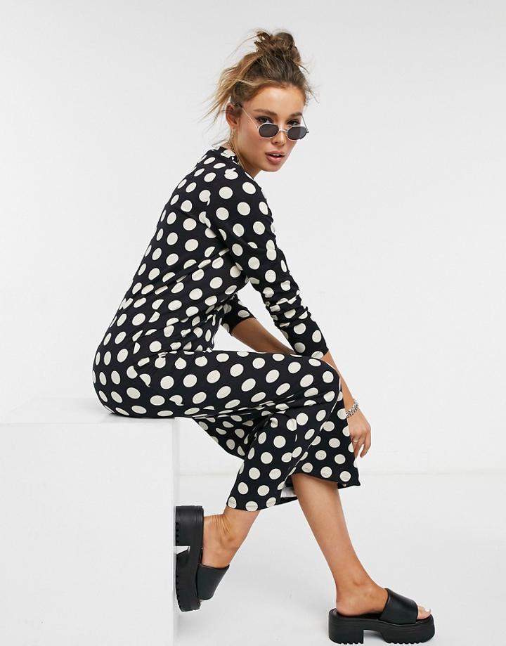 Asos Design Long Sleeve T-shirt Dress In Black And White Dot Print