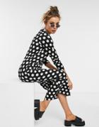 Asos Design Long Sleeve T-shirt Dress In Black And White Dot Print