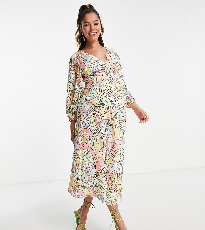Twisted Wunder Maternity Balloon Sleeve Midi Dress In Pastel Swirl Print-multi