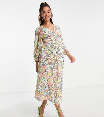 Twisted Wunder Maternity Balloon Sleeve Midi Dress In Pastel Swirl Print-multi