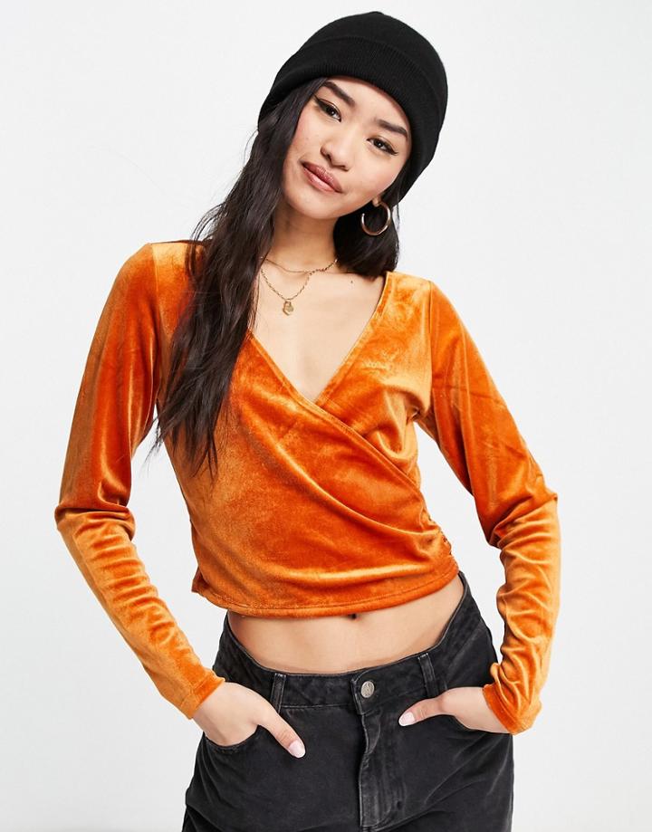 Monki Recycled Long Sleeve Velvet Wrap Top In Rust - Part Of A Set-orange