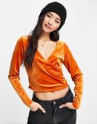 Monki Recycled Long Sleeve Velvet Wrap Top In Rust - Part Of A Set-orange