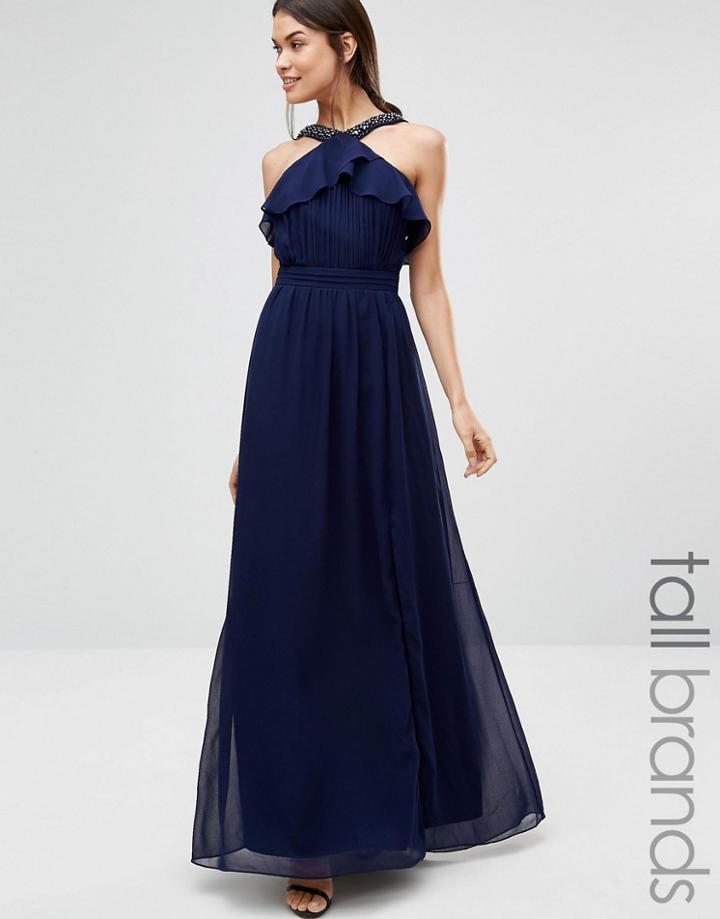 Little Mistress Tall High Neck Ruffle Detail Maxi Dress With Thigh Split - Navy