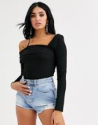 Asos Design Asymmetric One Shoulder Top In Rib In Black