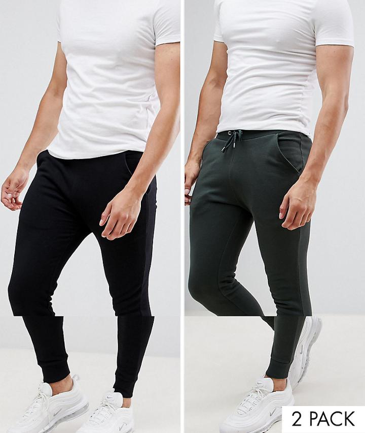 Asos Design Super Skinny Sweatpants 2 Pack In Black And Green-multi