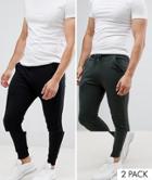 Asos Design Super Skinny Sweatpants 2 Pack In Black And Green-multi