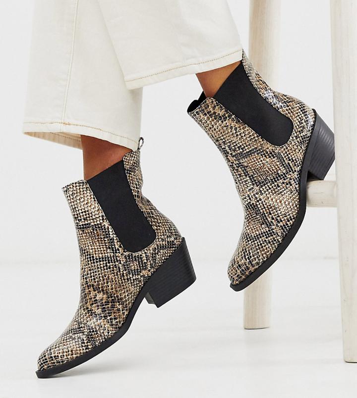 Monki Faux Leather Heeled Boots With Pointed Toe In Snake Print-multi