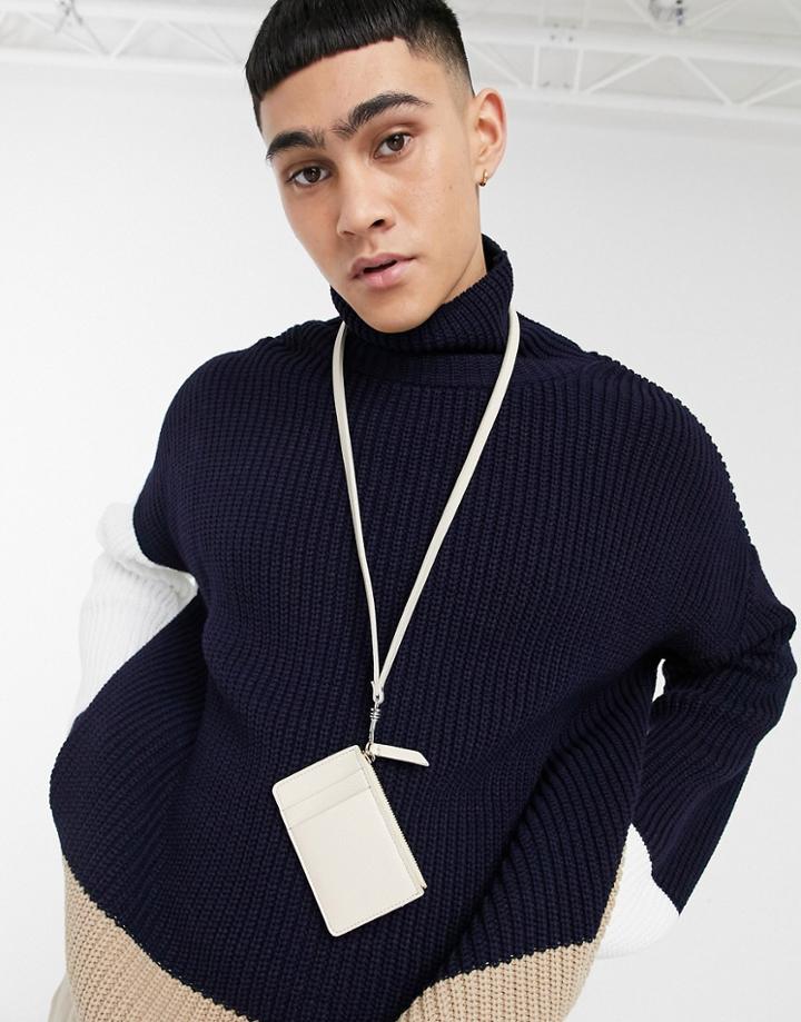 Asos Design Faux Leather Neck Wallet In Stone With Pebble Grain-neutral