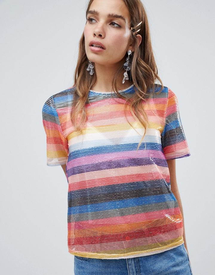 New Look Rainbow Stripe Sequin Tee - Multi
