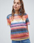 New Look Rainbow Stripe Sequin Tee - Multi
