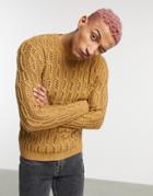 Asos Design Knitted Textured Sweater With Pointelle Stitch In Tan-brown