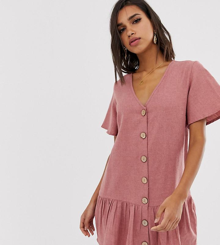 Boohoo Button Through Smock Dress With Drop Hem In Pink - Brown