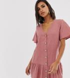 Boohoo Button Through Smock Dress With Drop Hem In Pink - Brown