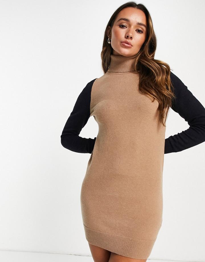 French Connection Milla Knitted Mini Sweater Dress With Roll Neck In Multi Color Block