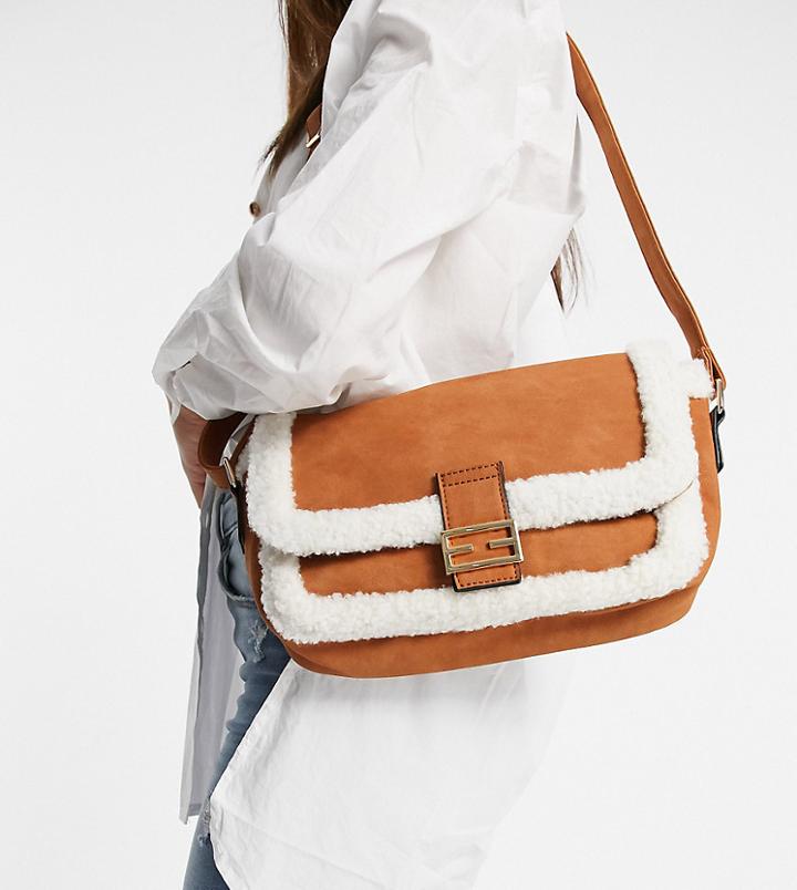 Glamorous Exclusive Crossbody Bag In Tan With Cream Shearling Teddy Trim-brown