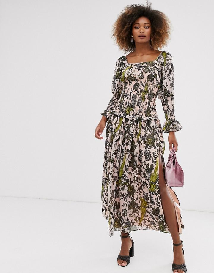 Asos Design Shirred Waist And Cuff Floral Print Maxi Dress-multi