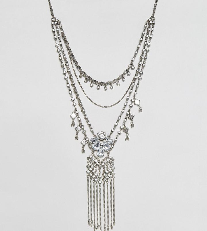 Reclaimed Vintage Multi Layer Rhinestone Necklace - Silver