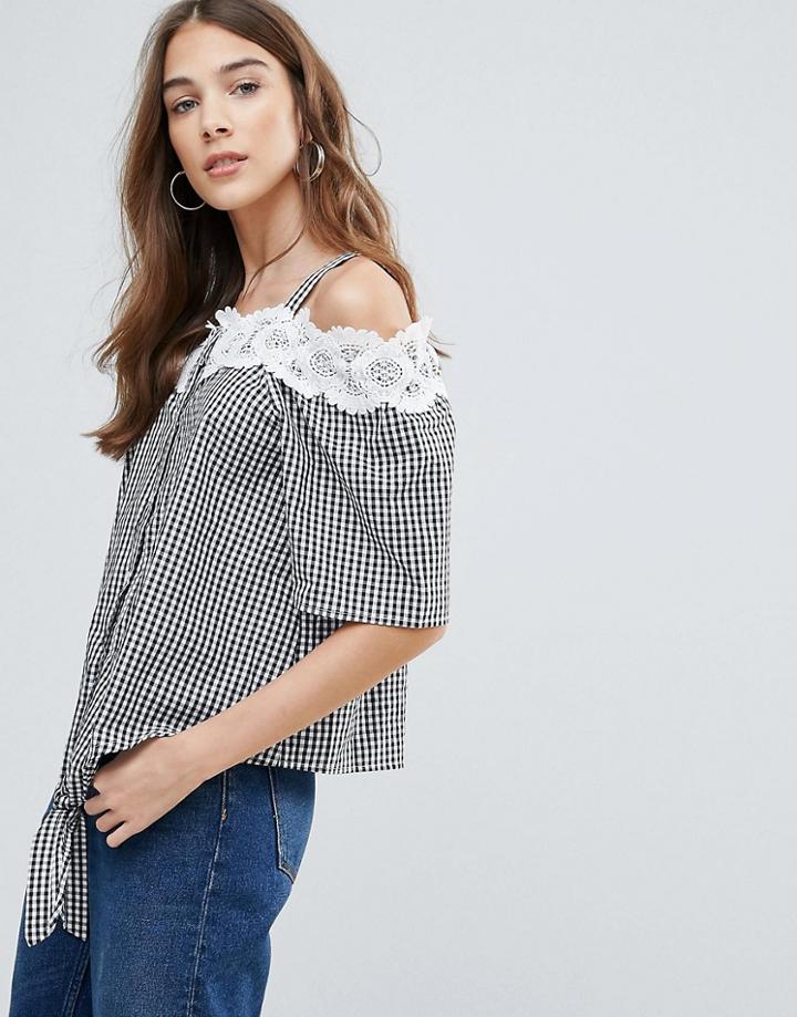 Qed London Cold Shoulder Lace Trim Gingham Tie Front Top - Black