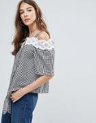 Qed London Cold Shoulder Lace Trim Gingham Tie Front Top - Black