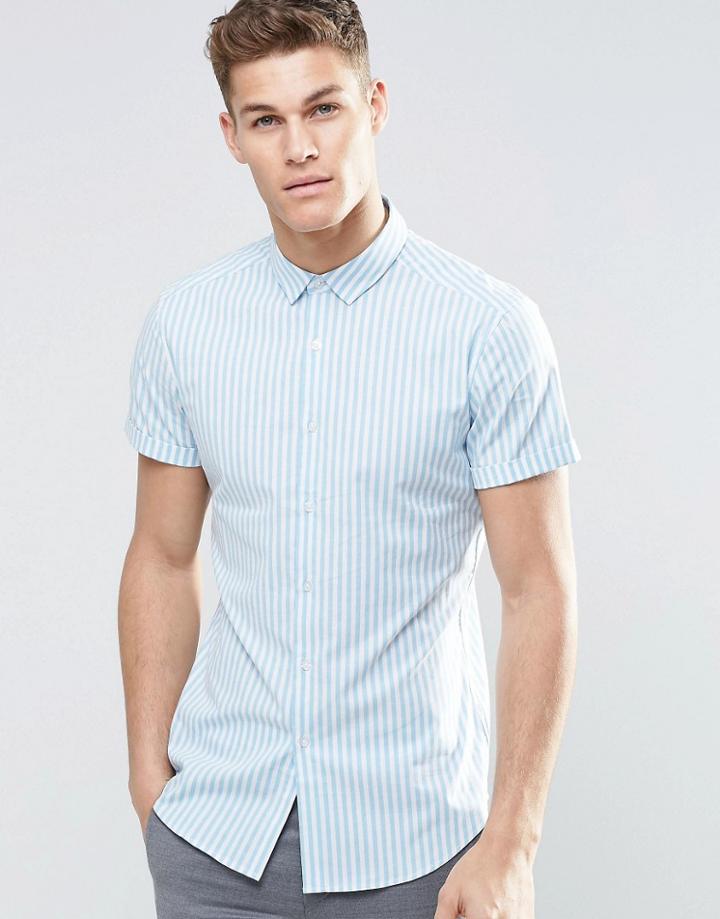 Asos Skinny Shirt In Bue Bengal Stripe With Short Sleeves - Blue