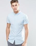 Asos Skinny Shirt In Bue Bengal Stripe With Short Sleeves - Blue