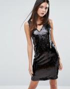 Warehouse Disc Sequin V Neck Dress - Black