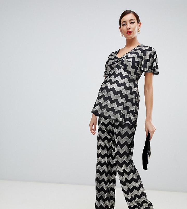 Flounce London Maternity Wide Leg Pants In Zig Zag Metallic - Multi