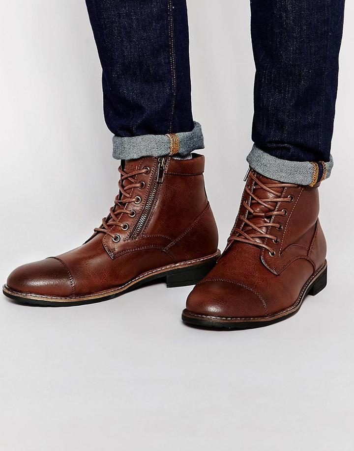 Pull & Bear Faux Leather Worker Boots In Dark Brown - Dark Brown