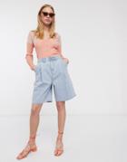 Lost Ink Longline Shorts With Pleat Front In Vintage Wash Denim-blues