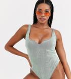 Wolf & Whistle Fuller Bust Exclusive V-cut Swimsuit In Metallic Mint Rib D-f-green