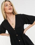 Asos Design Button Through Mini Smock Dress With Shirring Detail In Black