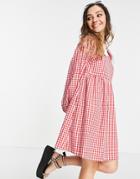 Vintage Supply Mini Dress With Puff Sleeves In Red Gingham With Contrast Frill Collar