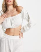 Asos Design Off Shoulder Beach Crop Top In Natural Gauze-white