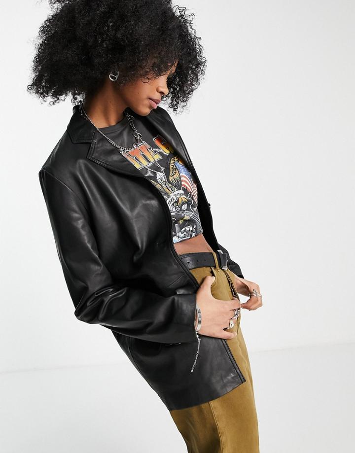 Barney's Originals Real Leather Boxy Fit Blazer-black